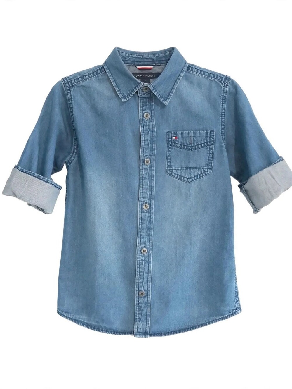 Tommy Hilfiger Boys Denim Shirt Size 5 Long Sleeve Blue Jean Button Up Cotton - Picture 2 of 14